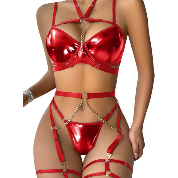 🆕Women Red Sexy Pu Leather Strappy Underwire Garter Belt Lingerie Set